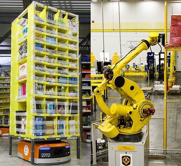 아마존의 물류배송창고인 주문이행센터에서 로봇들이 작업하는 모습. 아직까지 로봇은 인간이 갖는 유연성을 갖지 못하는 것으로 보인다.(사진=아마존)