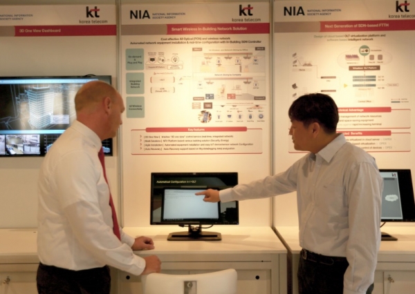 네덜란드 헤이그 SDN NFV 월드 콩그레스 행사장에서 KT 직원들이 관람객들에게 솔루션을 소개하고 있다.