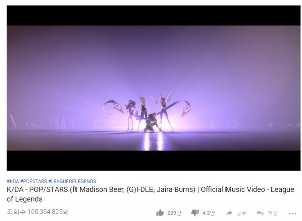 라이엇게임즈의 가상 걸그룹 K/DA의 POP/STARS 뮤직비디오가 4일 조회수 1억회를 돌파했다.