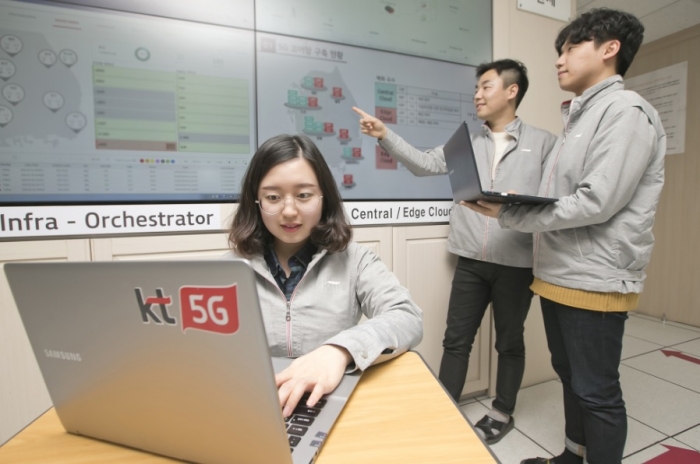 사진은 KT직원들이 ‘5G 에지(Edge) 통신센터’에서 KT의 5G 네트워크를 점검하는 모습.