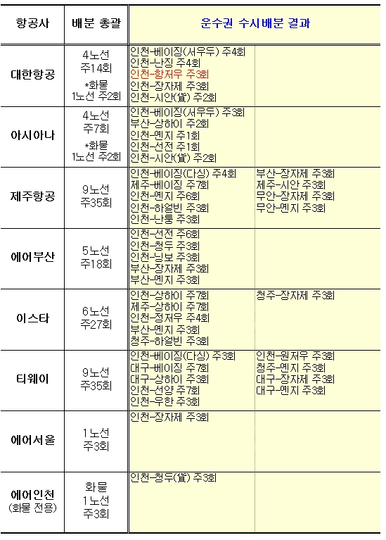 항공사별 운수권 배분 결과 (자료=국토교통부)