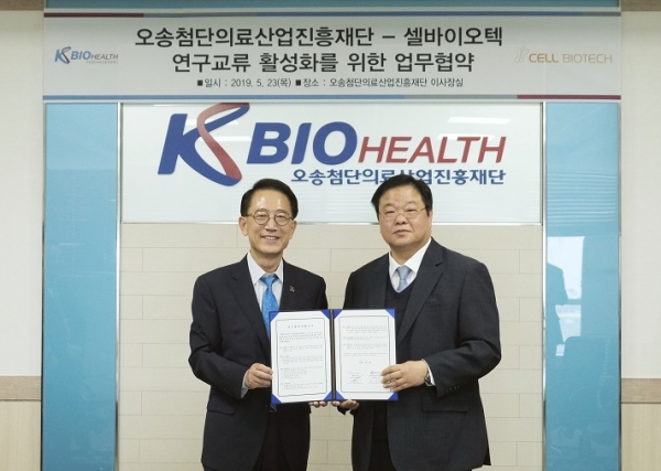 (왼쪽부터) K-BIO 박구선 이사장, 우측 쎌바이오텍 정명준 대표 (사진=쎌바이오텍)