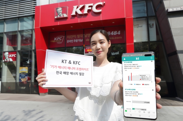 KT 모델이 전국 KFC 매장에 적용되는 ‘기가 에너지 매니저 프랜차이즈’ 서비스를 홍보하고 있다 (사진=KT)