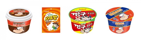 왼쪽부터 '뽀빠이 간장 떡볶이',  '사또밥 오징어', '짱구 허니볶음컵', '뽀빠이 야끼소바컵'.(사진=CU)