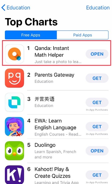 콴다, 싱가포르 앱 스토어 교육 부문 1위 달성하다.(사진=매스프레소)