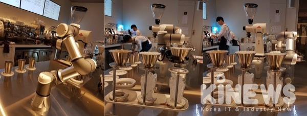 로봇 바리스타가 로봇 핸드드립 알고리즘에 따라 커피를 추출하고 있다.(사진=이서윤 기자)