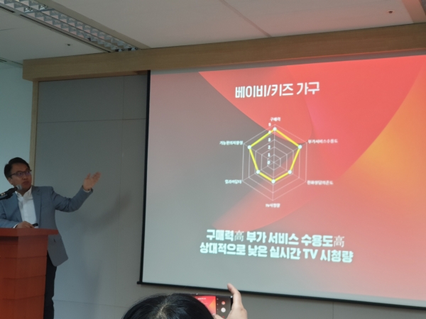 김혁 SK브로드밴드 세그먼트트라이브장이 예전 간담회에서 영유아 학습 프로그램에 대해 설명하고 있다 (사진/백연식 기자)