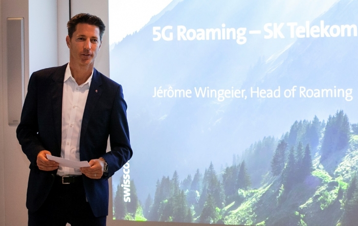 제롬 윈가이어 스위스콤 로밍사업대표가 SKT와 5G로밍 협력에 대해 설명 하고 있다.