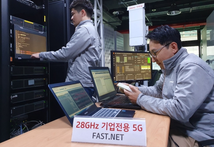 KT 연구원들이 28GHz 초저지연 기업전용 5G 네트워크인 FAST.NET 기술을 개발해 시연을 진행하고 있다.