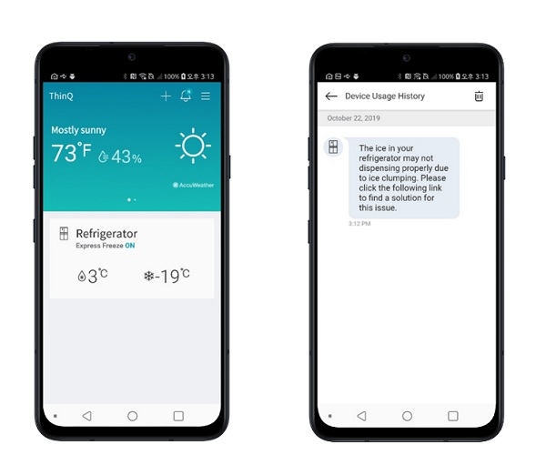 LG전자가 미국에 본격 런칭할 프로액티브 서비스가 LG 씽큐 앱에 등록된 냉장고의 작동상태를 분석해 얼음 디스펜서에 생길 수 있는 고장 가능성을 사전에 감지하고 최적의 상태를 유지할 수 있는 관리방법을 알려주고 있다.(사진=LG전자)