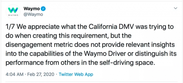 웨이모의 캘리포니아 자동차관리국 평가에 대한 트위터 (이미지=웨이모 트위터)
