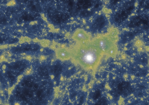 은하 주변 암흑물질 분포 밀도 위에 가스 밀도를 덧씌운 시뮬레이션 결과은하 중앙으로 연결된 가스 채널이 외부와 연결돼 있는 것이 분명하게 나타나 있다. [Gupta et al/ASTRO 3D/ IllustrisTNG collaboration 제공/ 재판매 및 DB 금지]