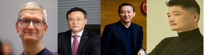 (왼쪽부터) 팀 쿡 애플 CEO, 장동현 SK(주) 사장, 권영수 LG그룹 부회장, 김범수 카카오 의장