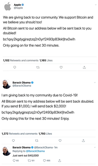 애플과 버락 오바마 트위터 계정에 올라온 사기 트윗 [사진: 레딧닷컴]