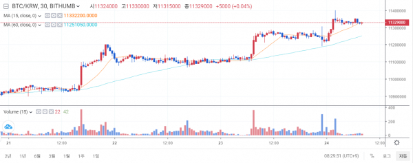 7월24일 오전 8시 반 기준 국내 비트코인 가격 추이 (자료=빗썸)