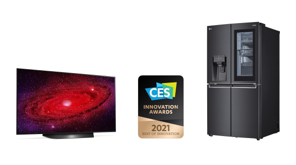 (사진 왼쪽부터) CES 최고 혁신상을 받은 48형 LG 올레드 TV와 음성인식 인스타뷰 냉장고 [사진:LG전자]