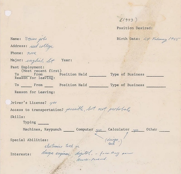 경매 매물로 올라온 스티브 잡스의 자필 이력서 [사진: bidspotter]