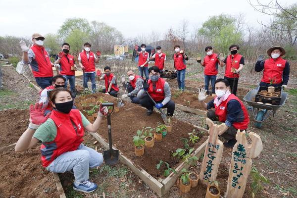 임직원이 서울 노을공원 자람터에서 도토리나무를 옮겨 심고 있다 [사진 : LG유플러스]