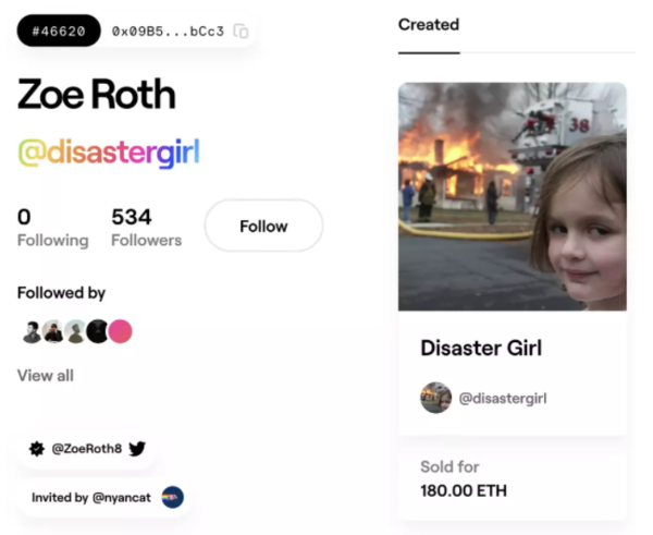 '재난 소녀(Disaster Girl)' 사진은 180 이더리움에 낙찰되었다. [사진:FOUNDATION AUCTION]