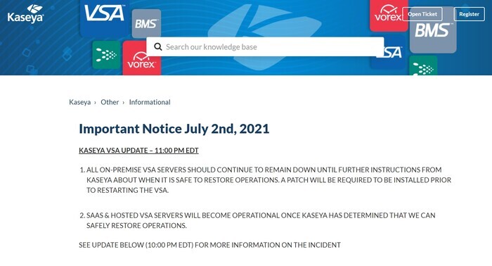 미국 IT업체 카세야의 공지 내용 [이미지: 카세야 홈페이지]