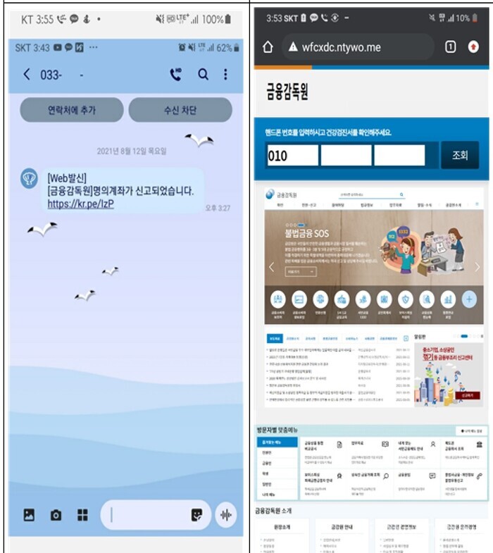 금감원을 사칭해 확산되고 있는 문자메시지(왼쪽)와 가짜 금감원 사이트 모습 [이미지: 금융감독원]