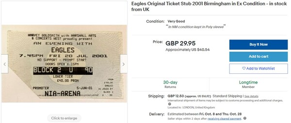 2001년 이글스 공연 티켓 종이가 이베이에서 판매되고 있다. [사진: 이베이]