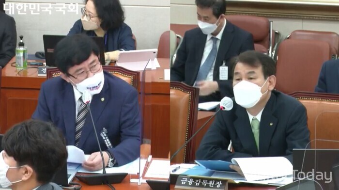 지난 7일 서울 여의도 국회에서 열린 정무위원회 국정감사에서 윤창현 의원(국민의힘)이 정은보 금융감독원장에게 질의하고 있다.[사진: 국회인터넷의사중계시스템]