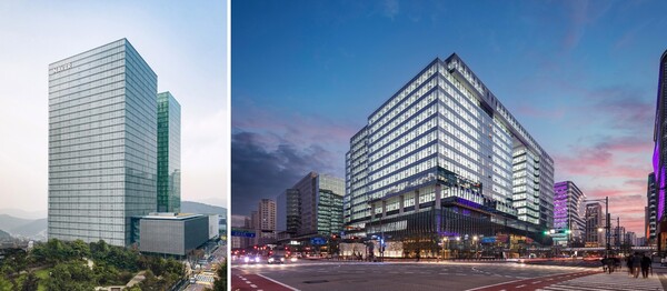 네이버 제2사옥(왼쪽)과 카카오 신사옥(알파돔시티) 전경. [사진: 네이버, 희림종합건축사사무소]