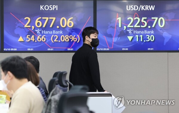 10일 서울 중구 하나은행 딜링룸서 직원들이 업무를 보고 있다. [사진: 연합뉴스]