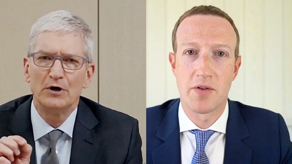 지난 2020년 미 의회 청문회에 출석한 팀 쿡 애플 CEO(좌)와 마크 저커버그 메타 CEO