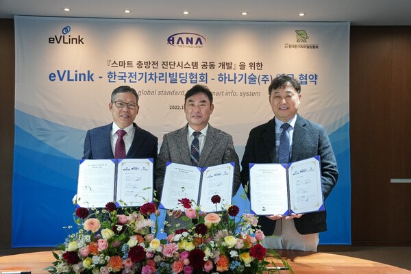 업무협약을 체결한 하나기술, eVLink, 한국전기차리빌딩협회 [사진: 하나기술]