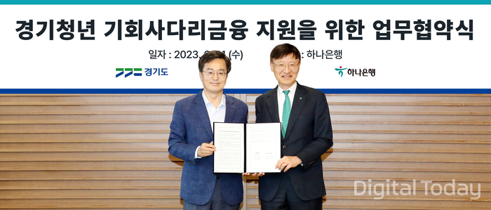 이승열 하나은행장(사진 오른쪽)과 김동연 경기도지사(사진 왼쪽)가 업무협약식을 마치고 기념촬영을 하고 있다. [사진: 하나은행]