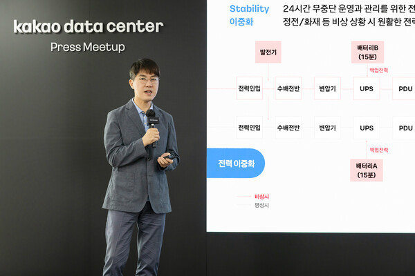 고우찬 카카오 인프라기술 성과리더가 지난 11일 경기도 안산시 한양대 에리카(ERICA) 캠퍼스 내 위치한 '카카오 데이터센터 안산'에서 열린 '프레스 밋업'에서 테이터센터를 소개하고 있다. [사진: 카카오]