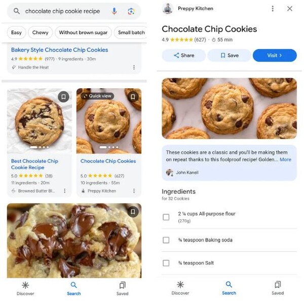 구글 검색 결과에 바로 레시피를 표시해주는 기능인 '퀵 뷰' [사진: 구글]