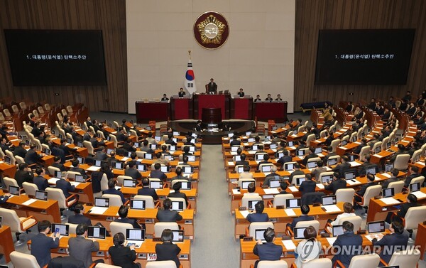 우원식 국회의장이 14일 오후 국회 본회의에서 윤석열 대통령 온라인카지노안을 상정하고 있다. [사진: 연합뉴스]