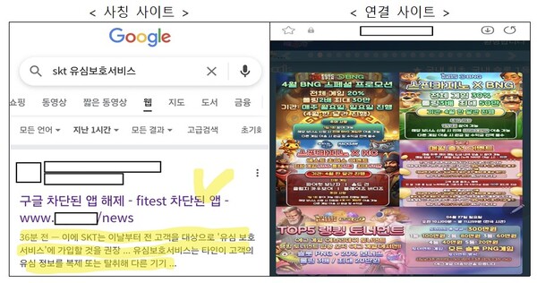 유심보호 서비스 웹사이트로 사칭한 사이트(왼쪽)와 클릭시 연결 사이트 화면 예시. [사진: 과기정통부]
