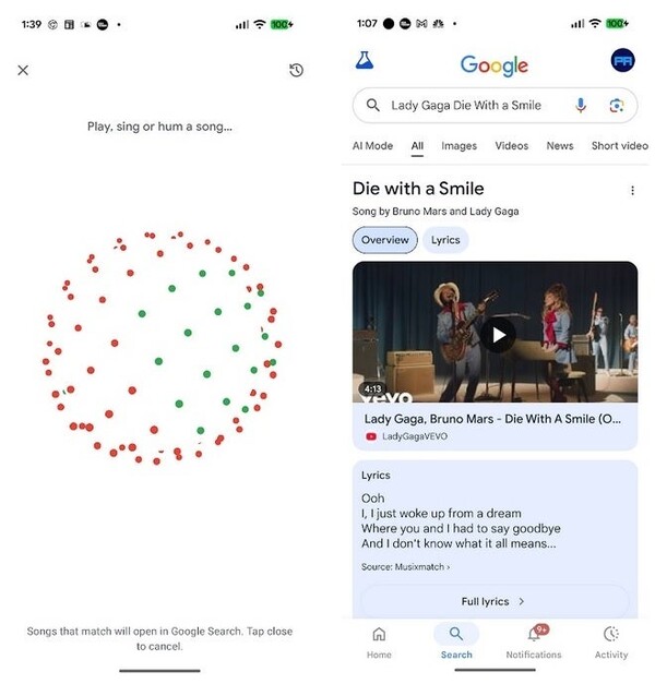 안드로이드 버전 제미나이에서 음악 검색이 가능해졌다. [사진: 폰아레나]