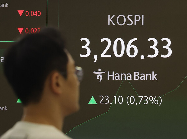 코스피가 장중 3200을 돌파하며 연고점을 경신한 지난 11일 오전 서울 중구 하나은행 본점 딜링룸에서 딜러들이 업무를 보고 있다. [사진: 연합뉴스]