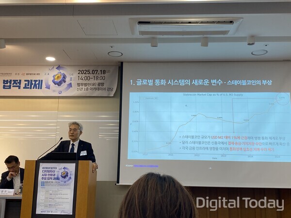 &nbsp; 김종승 엑스크립톤 대표가 디지털자산 법학회 학술대회에서 발제하고 있는 모습. [사진: 손슬기 기자]