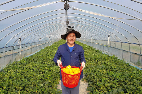 수확한 참외를 들고 웃고 있는 성주 월향농협 강도수 조합장 [사진: 쿠팡]