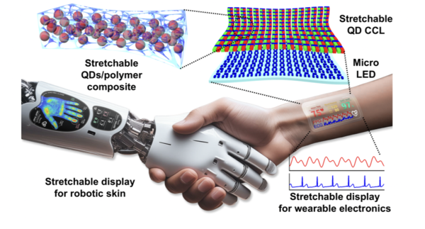 웨어러블 헬스케어 및 로보틱스 응용에 적합한 고신축성·고해상도 양자점 색변환층 기반 스트레처블 디스플레이 모식도 [사진: DGIST]