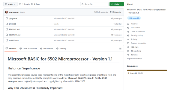 마이크로소프트는 1978년 개발된 6502 BASIC 인터프리터 소스코드를 MIT 라이선스로 공개했다. [사진: 깃허브]