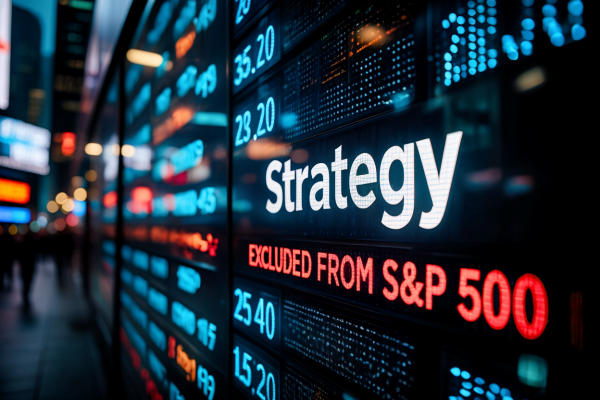 스트래티지의 S&P500 미편입은 암호화폐 기업이 전통 금융 시장에서 여전히 이질적으로 평가받고 있음을 보여준다.[사진: Reve AI]