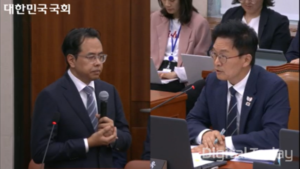 14일 국회 산자위 국감에서 김범석 우아한형제들 대표(왼)가 정진욱 의원 질의에 답변하고 있다. [사진: 국회 의사중계시스템 갈무리]