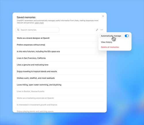 오픈AI가 챗GPT의 메모리 시스템을 개선했다. [사진: 오픈AI]
