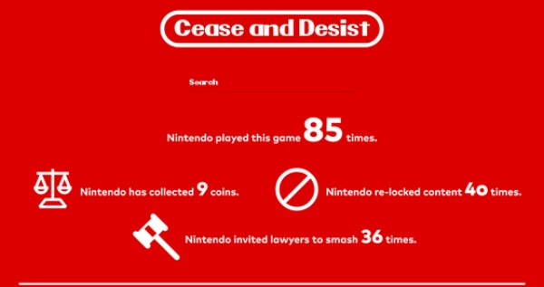 닌텐도가 참여한 법적 분쟁을 정리한 사이트가 등장했다. [사진: Sued by Nintendo]