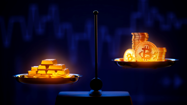 지정학적 리스크가 커지는 가운데, 금과 비트코인이 상반된 흐름을 보이고 있다. [사진: Reve AI]